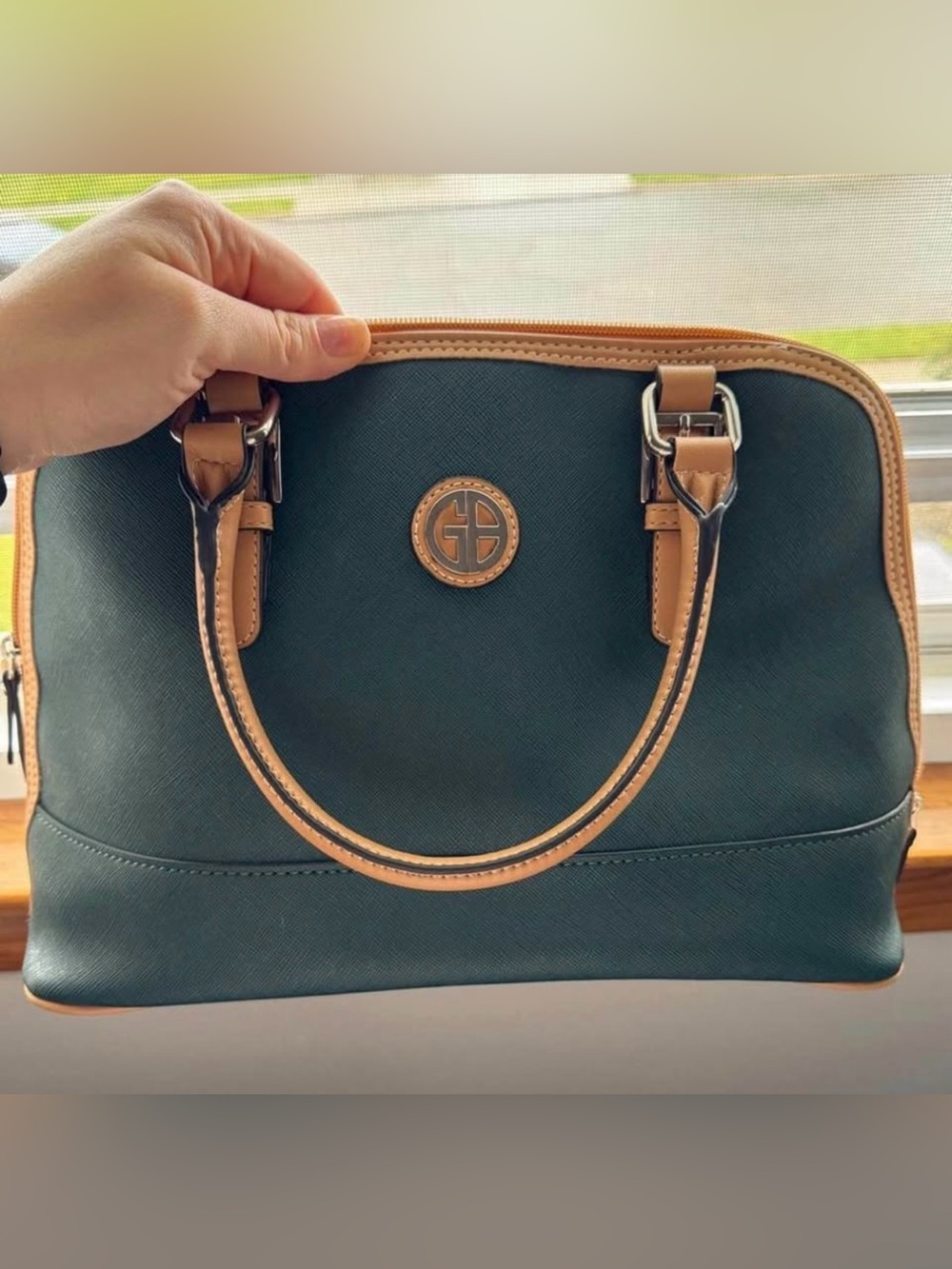 Green Satchel Handbag with Tan Trim and Logo Accent